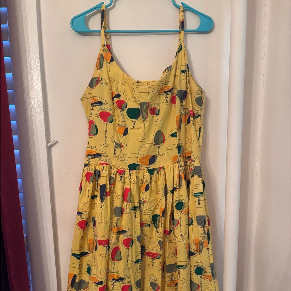 Bettie Page Yellow Cocktail Print Midi Dress